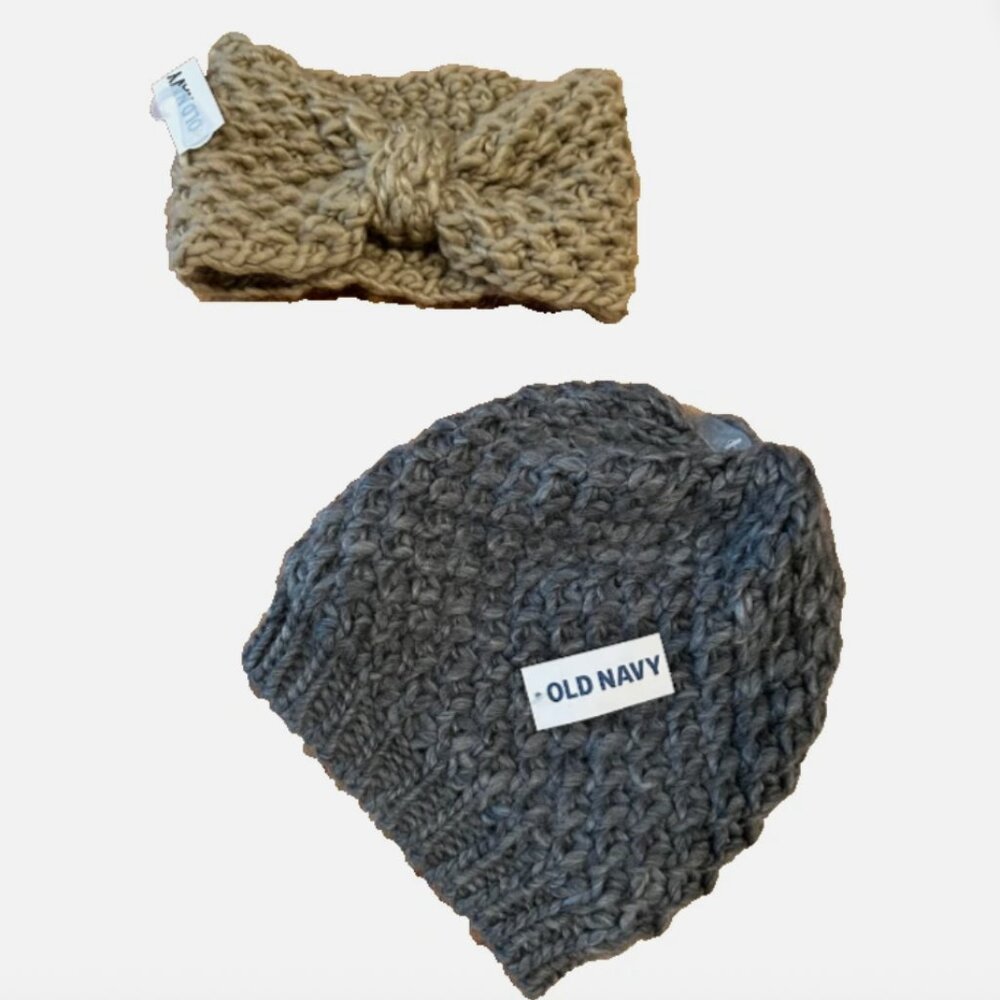 (2) -Old Navy Chunky Knit Winter Hat Beanie Gray Women's OS Beige Head Wrap NWT
